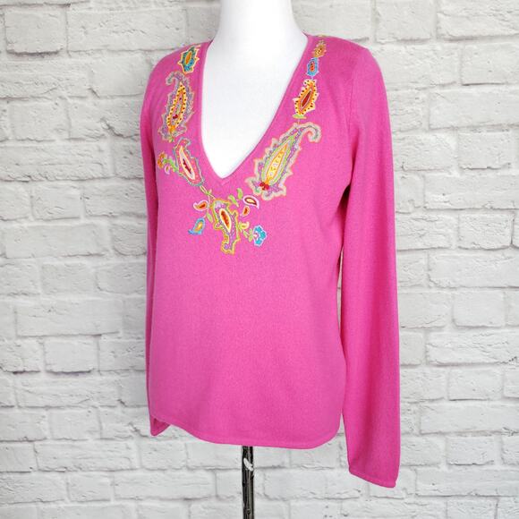 Ralph Lauren Black Label Embroidered Pink V-Neck Cashmere Sweater Size M - Picture 6 of 14